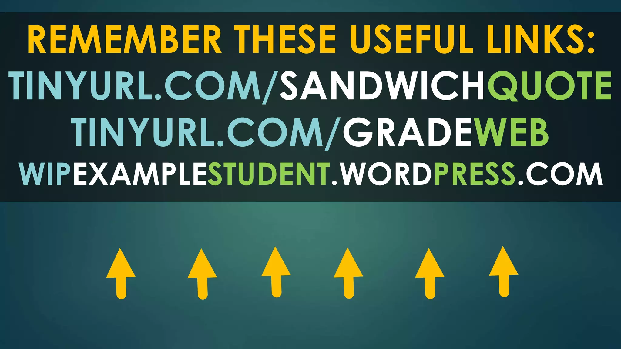 REMEMBER THESE USEFUL LINKS: 
TINYURL.COM/SANDWICHQUOTE 
TINYURL.COM/GRADEWEB 
WIPEXAMPLESTUDENT.WORDPRESS.COM 
 
