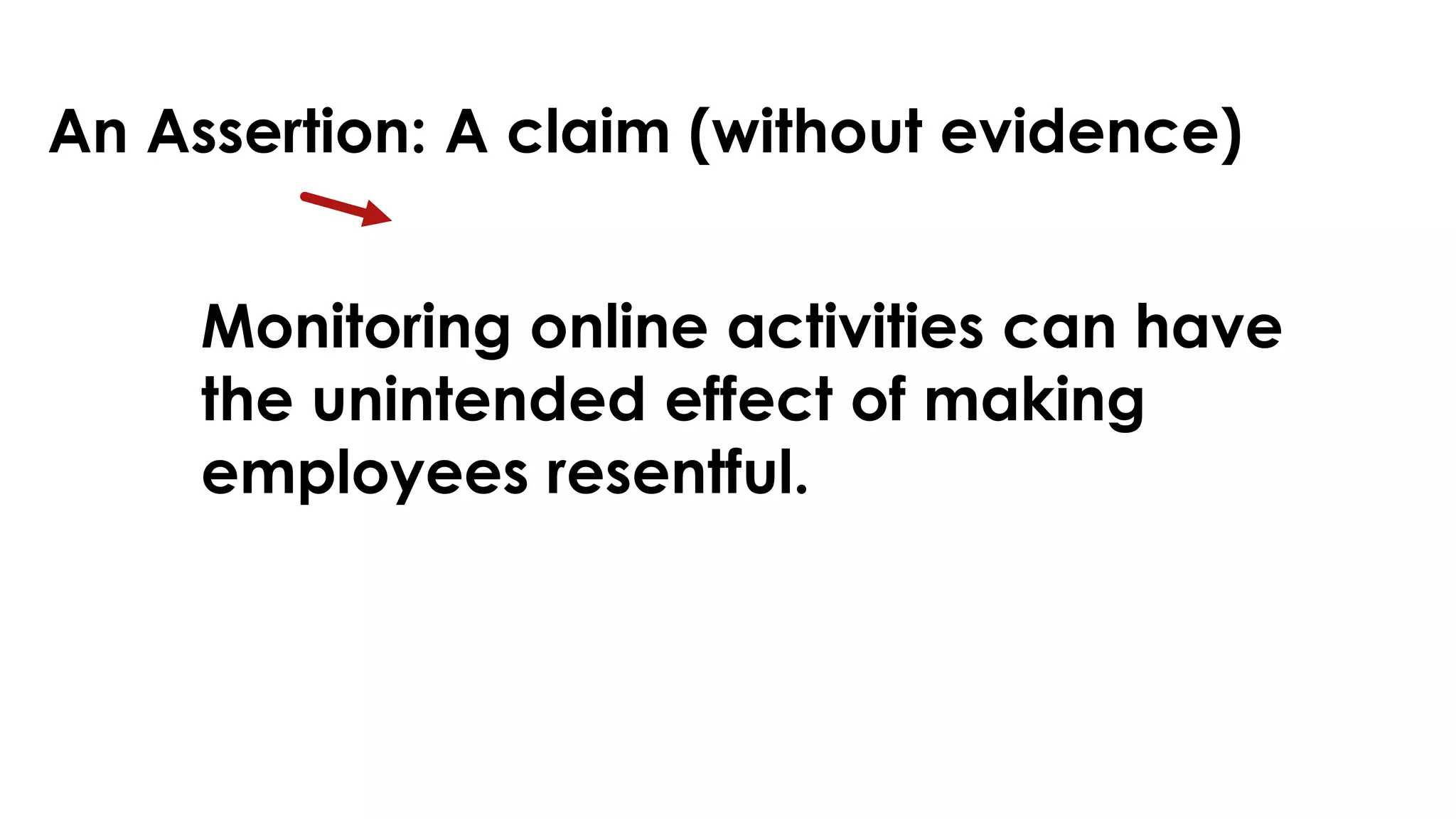 An Assertion: A claim (without evidence) 
Monitoring online activities can have 
the unintended effect of making 
employees resentful. 
 