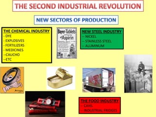 THE CHEMICAL INDUSTRY 
- DYE 
- EXPLOSIVES 
- FERTILIZERS 
- MEDICINES 
--CAUCHO 
--ETC 
NEW STEEL INDUSTRY 
-- NICKEL 
-- STAINLESS STEEL 
-- ALUMINUM 
THE FOOD INDUSTRY 
-- CANS 
-- INDUSTRIAL FRIDGES 
 