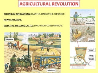 TECHNICAL INNOVATIONS: PLANTER, HARVESTER, THRESHER 
NEW FERTILIZERS. 
SELECTIVE BREEDING CATTLE: DAILY MEAT CONSUMPTION. 
 