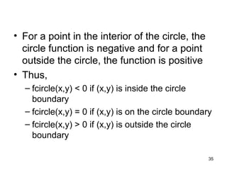 • For a point in the interior of the circle, the 
circle function is negative and for a point 
outside the circle, the function is positive 
• Thus, 
– fcircle(x,y) < 0 if (x,y) is inside the circle 
boundary 
– fcircle(x,y) = 0 if (x,y) is on the circle boundary 
– fcircle(x,y) > 0 if (x,y) is outside the circle 
boundary 
35 
 