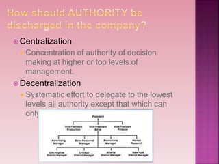  Centralization
 Concentration of authority of decision
making at higher or top levels of
management.
 Decentralization
 Systematic effort to delegate to the lowest
levels all authority except that which can
only be exercised at central points.
 