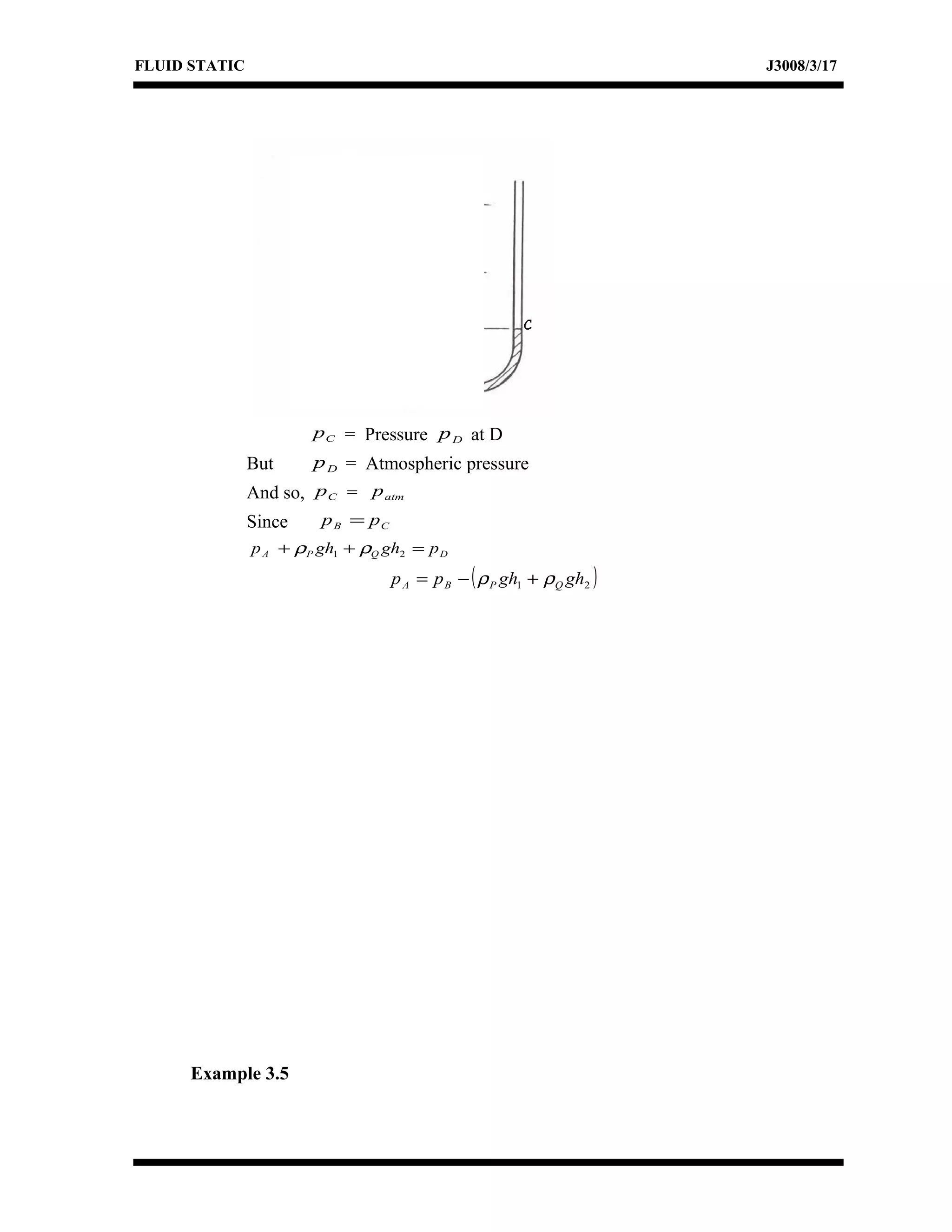 FLUID STATIC J3008/3/17
Cp = Pressure Dp at D
But Dp = Atmospheric pressure
And so, Cp = atmp
Since CB pp =
DQPA pghghp =++ 21 ρρ
( )21 ghghpp QPBA ρρ +−=
Example 3.5
 