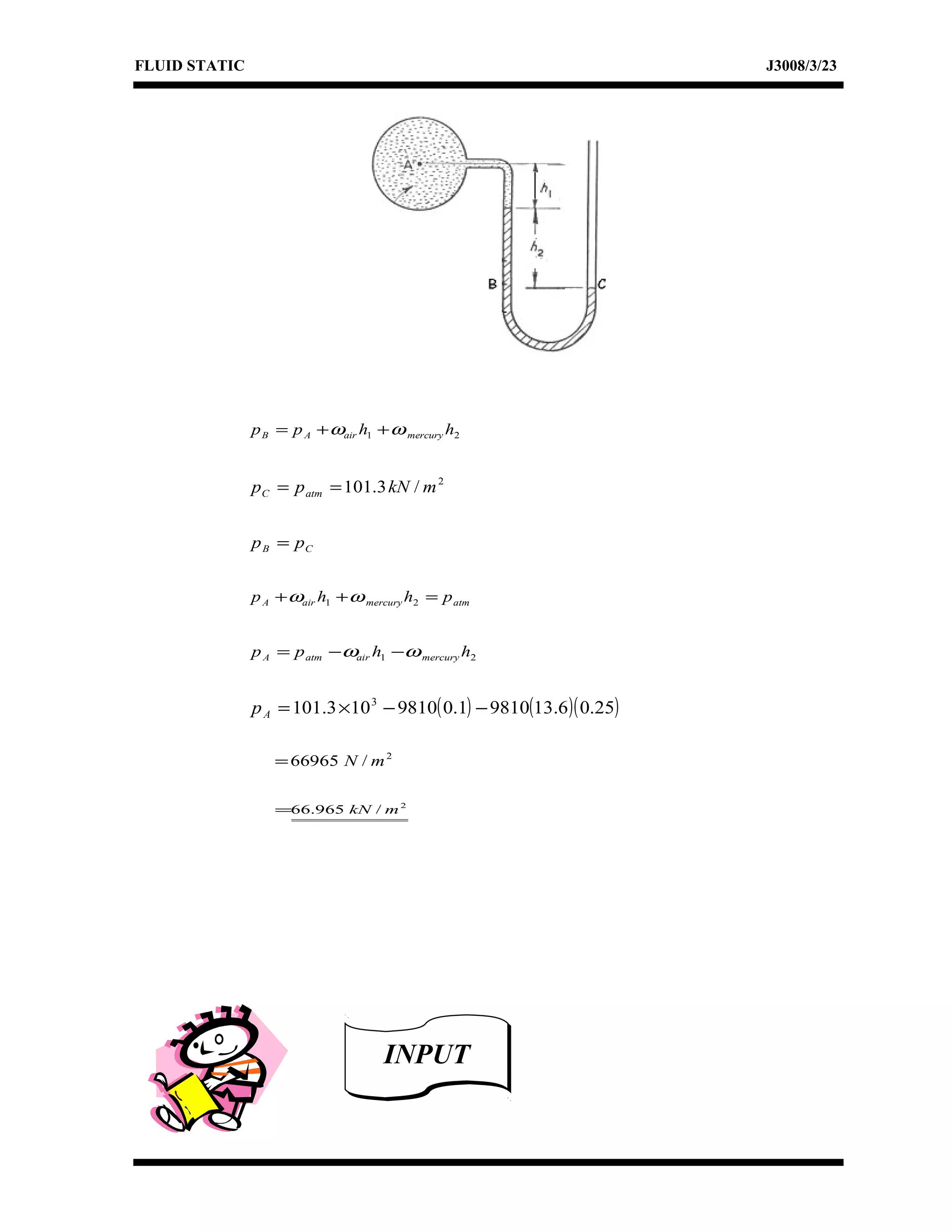 FLUID STATIC J3008/3/23
21 hhpp mercuryairAB ωω ++=
2
/3.101 mkNpp atmC ==
CB pp =
atmmercuryairA phhp =++ 21 ωω
21 hhpp mercuryairatmA ωω −−=
( ) ( )( )25.06.1398101.09810103.101 3
−−×=Ap
2
/66965 mN=
2
/965.66 mkN=
INPUTINPUT
 