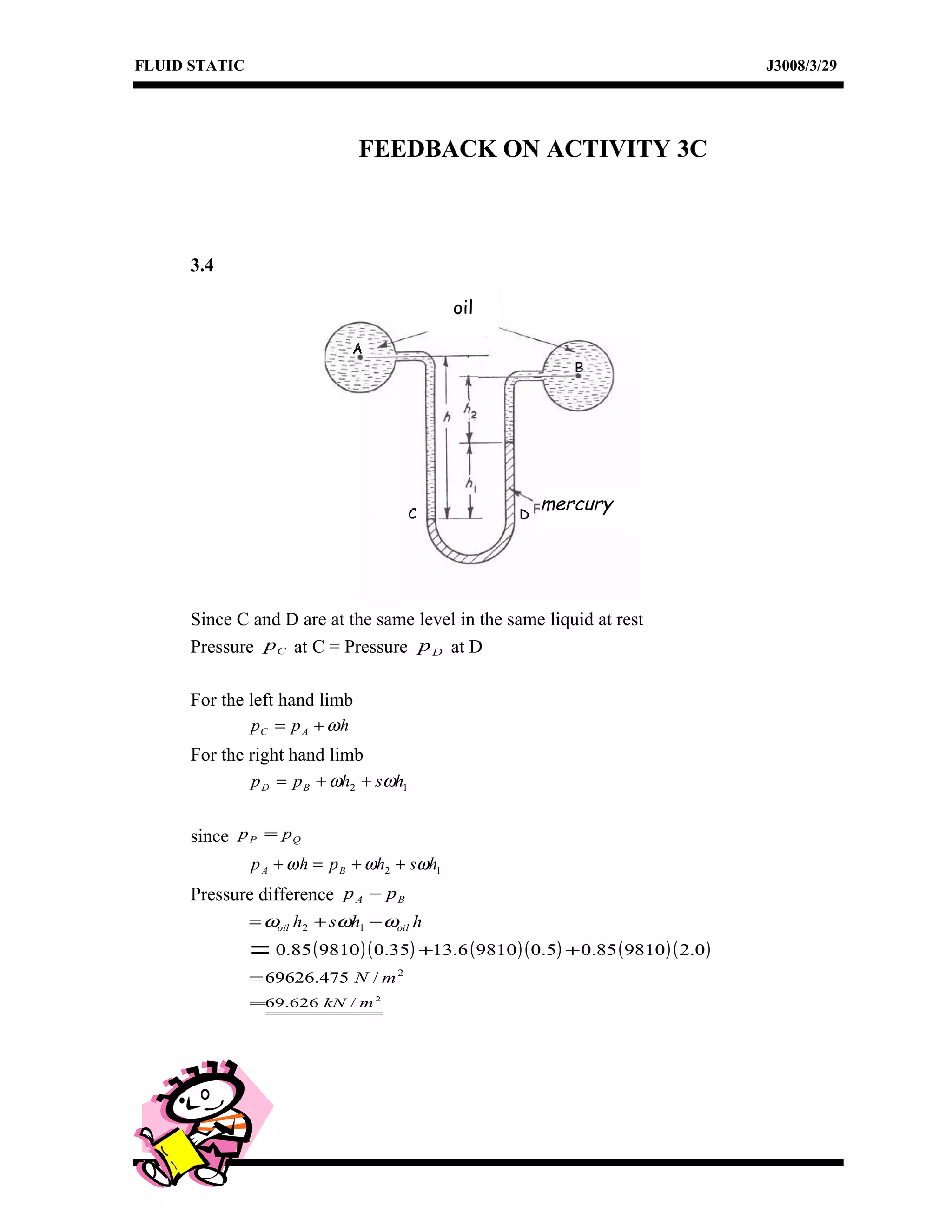 FLUID STATIC J3008/3/29
FEEDBACK ON ACTIVITY 3C
3.4
Since C and D are at the same level in the same liquid at rest
Pressure Cp at C = Pressure Dp at D
For the left hand limb
hpp AC ω+=
For the right hand limb
12 hshpp BD ωω ++=
since QP pp =
12 hshphp BA ωωω ++=+
Pressure difference BA pp −
hhsh oiloil ωωω −+= 12
= ( )( ) ( )( ) ( )( )0.2981085.05.098106.1335.0981085.0 ++
2
/475.69626 mN=
2
/626.69 mkN=
mercury
oil
 