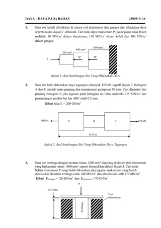 DAYA – DAYA PADA BAHAN J3009/ 3/ 16
1. Satu rod keluli diletakkan di antara rod aluminium dan gangsa dan dikenakan daya
seperti dalam Rajah 1 dibawah. Cari nilai daya maksimum P jika tegasan tidak boleh
melebihi 80 MN/m2
dalam aluminium, 150 MN/m2
dalam keluli dan 100 MN/m2
dalam gangsa.
Rajah 1: Rod Sambungan Siri Yang Dikenakan Daya
2. Satu bar bulat dikenakan daya tegangan sebanyak 150 kN seperti Rajah 2. Bahagian
A dan C adalah sama panjang dan mempunyai garispusat 50 mm. Cari diameter dan
panjang bahagian B jika tegasan pada bahagian ini tidak melebihi 215 MN/m2
dan
pemanjangan jumlah bar bar ABC ialah 0.2 mm.
Diberi nilai E = 200 GN/m2
Rajah 2: Rod Sambungan Siri Yang Dikenakan Daya Tegangan
3. Satu bar tembaga dengan keratan rentas 1200 mm2
dipasang di dalam tiub aluminium
yang berkeratan rentas 1800 mm2
seperti ditunjukkan dalam Rajah 3. Cari nilai
beban maksimum P yang boleh dikenakan jika tegasan maksimum yang boleh
dibenarkan didalam tembaga ialah 140 MN/m2
dan aluminium ialah 170 MN/m2
.
Diberi ETembaga = 120 GN/m2
dan EAluminium = 70 GN/m2
600 mm2
200 mm2
400 mm2
2P3P
P
150 kN BA
0.25 m
150 kNC
P
0.13 mm
Tembaga
Tiub
Aluminium
 