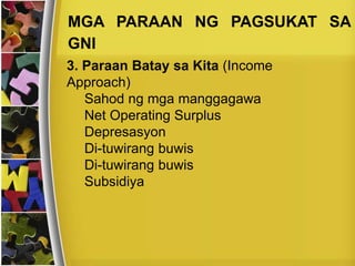 3. Paraan Batay sa Kita (Income
Approach)
Sahod ng mga manggagawa
Net Operating Surplus
Depresasyon
Di-tuwirang buwis
Di-tuwirang buwis
Subsidiya
MGA PARAAN NG PAGSUKAT SA
GNI
 