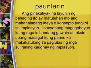 Ang pinakatiyak na layunin ng
bahaging ito ay matutuhan mo ang
mahahalagang ideya o konsepto tungkol
sa implasyon. Inaasahang magagabayan
ka ng mga inihandang gawain at teksto
upang masagot kung paano ka
makakatulong sa paglutas ng mga
suliraning kaugnay ng implasyon.
 