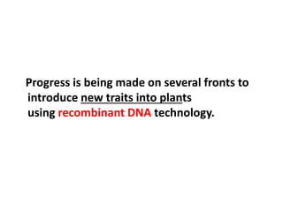 Progress is being made on several fronts to
introduce new traits into plants
using recombinant DNA technology.
 