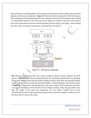 either of these two machining phases in the material removal process and in surface layer formation
depends on the process parameters. Figure 3.3 shows the basic components of the ECG process.
The contribution of each machining phase to the material removal from the workpiece has resulted
in a considerable increase in the total removal rate QECG, in relation to the sum of the removal
rate of the electrochemical process and the grinding processes QECD and QMA, when keeping
the same values of respective parameters as during the ECG process.
Figure 3.3 ECG process components.
Fig. 3.4, the introduction of MA, by a rotary conductive abrasive wheel, enhances the ECD
process. The work of the abrasive grains performs the mechanical depolarization by abrading
the possible insoluble films from the anodic workpiece surface. Such films are especially formed
in case of alloys of many metals and cemented carbides. A specific purpose of the abrasive grains
is, therefore, to depassivate mechanically the work- piece surface. In the machining zone there
is an area of simultaneous ECD and MA of the workpiece surface, where the gap width is less
than the height of the grain part projecting over the binder. Another area of pure
electrochemical removal where the abrasive grains do not touch the workpiece surface exists at
the entry and exit sides of the wheel.
badebhau4@gmail.com
9673714743.
 