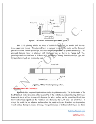 Figure 2.2 Schematic illustration of the ELID system.
The ELID grinding wheels are made of conductive materials i.e. metals such as cast
iron, copper and bronze . The diamond layer is prepared by mixing the metal and the diamond
grits with certain volume percentage, and the wheels were prepared by powder metallurgy. The
prepared diamond layer is attached with the steel hub as shown in Figure 2.3. The
grinding wheels are available in different size and shapes. Among them the straight type and
the cup shape wheels are commonly used.
Figure 2.3 Metal bonded grinding wheel.
* The function of the Electrolyte
The electrolyte plays an important role during in-process dressing. The performance of the
ELID depends on the properties of the electrolyte. If the oxide layer produced during electrolysis
is solvable, there will not be any oxide layer on the wheel surface and the material oxidized from
the wheel surface depends on the Faraday’s law. However, the ELID uses an electrolyte in
which the oxide is not solvable and therefore the metal oxides are deposited on the grinding
wheel surface during in-process dressing. The performance of different electrolytes has been
badebhau4@gmail.com
9673714743.
 
