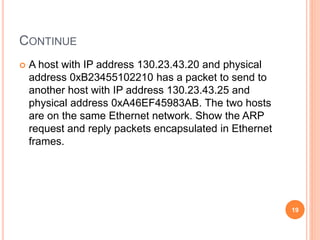 CONTINUE
 A host with IP address 130.23.43.20 and physical
address 0xB23455102210 has a packet to send to
another host with IP address 130.23.43.25 and
physical address 0xA46EF45983AB. The two hosts
are on the same Ethernet network. Show the ARP
request and reply packets encapsulated in Ethernet
frames.
19
 