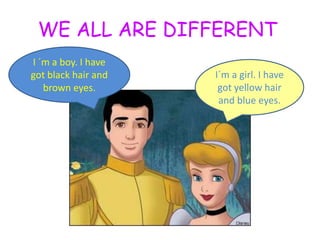 WE ALL ARE DIFFERENT
I´m a girl. I have
got yellow hair
and blue eyes.
I ´m a boy. I have
got black hair and
brown eyes.
 
