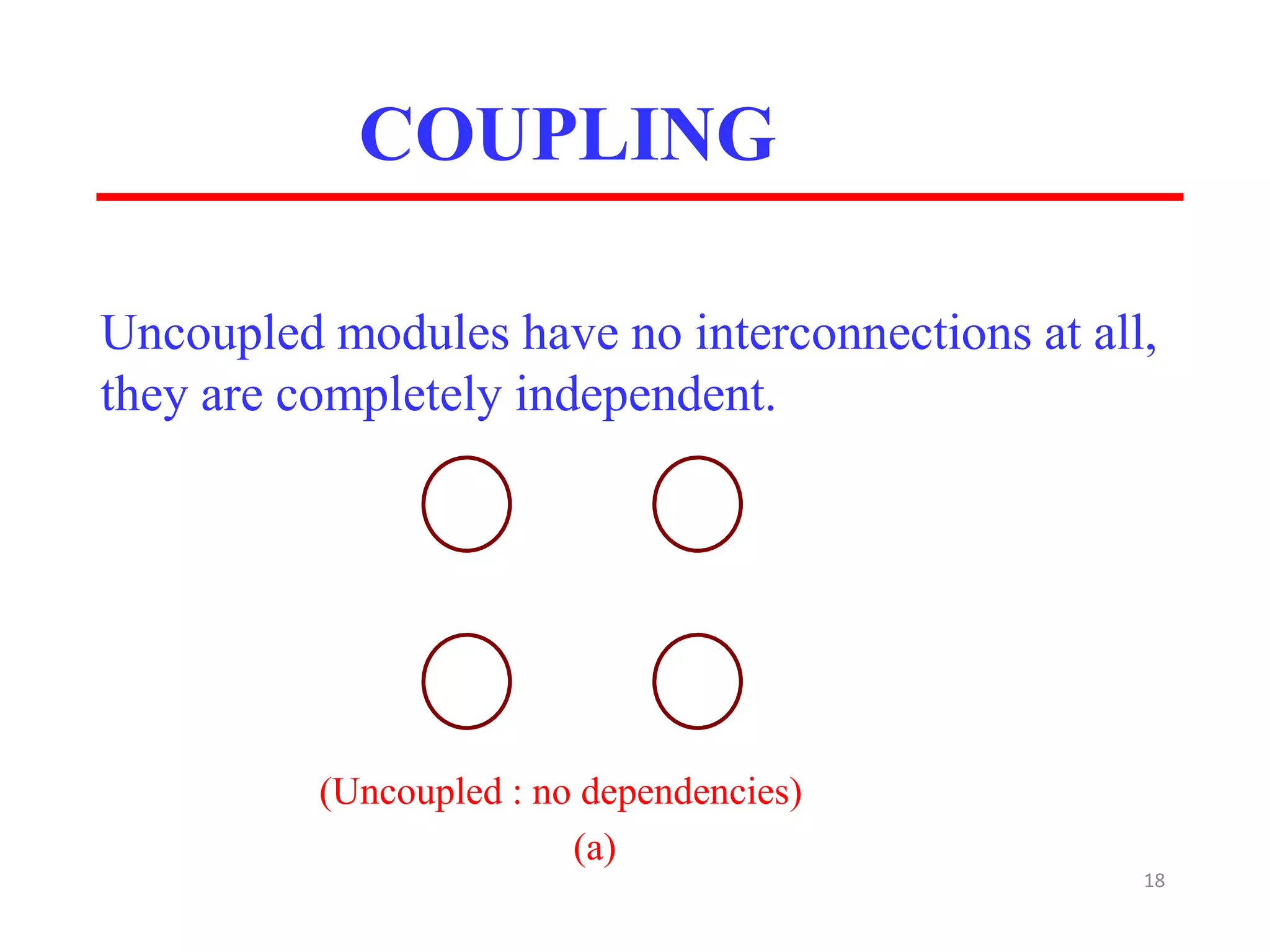 COUPLING
(Uncoupled : no dependencies)
(a)
18
Uncoupled modules have no interconnections at all,
they are completely independent.
 