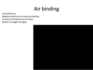 Air binding
Caused due to
Negative head due to excessive loading
Increase of temperature of water
Realize of oxygen by algae
 