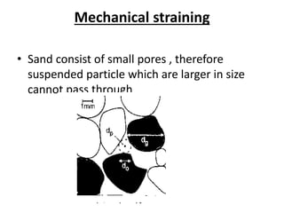 Mechanical straining
• Sand consist of small pores , therefore
suspended particle which are larger in size
cannot pass through
 