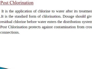 • Referring to the first diagram, traditional proactive
chlorination is applied to the service reservoir outlet (post-
chlorination) and the controlling residual measured further
down stream. This method ensures the desired residual is
present at the down stream sample point (1), but is not an
ideal solution. Ingress contamination quickly consumes any
residual chlorine that was present at the reservoir inlet (2),
allowing further ingress contamination and biological re-
growth to go unchecked (3). To treat this contamination
and achieve the desired sample point residual requires a far
larger dose of sodium hypochlorite (4) and results in high
levels of undesirable by-products (5). Insufficient contact
time between the dose and sample points can result in
unfinished disinfection. Where this is the case, the chlorine
continues to be consumed until exhausted (6) and
biological re-growth can take hold once again (7)
 