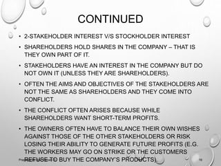 CONTINUED
• 2-STAKEHOLDER INTEREST V/S STOCKHOLDER INTEREST
• SHAREHOLDERS HOLD SHARES IN THE COMPANY – THAT IS
THEY OWN PART OF IT.
• STAKEHOLDERS HAVE AN INTEREST IN THE COMPANY BUT DO
NOT OWN IT (UNLESS THEY ARE SHAREHOLDERS).
• OFTEN THE AIMS AND OBJECTIVES OF THE STAKEHOLDERS ARE
NOT THE SAME AS SHAREHOLDERS AND THEY COME INTO
CONFLICT.
• THE CONFLICT OFTEN ARISES BECAUSE WHILE
SHAREHOLDERS WANT SHORT-TERM PROFITS.
• THE OWNERS OFTEN HAVE TO BALANCE THEIR OWN WISHES
AGAINST THOSE OF THE OTHER STAKEHOLDERS OR RISK
LOSING THEIR ABILITY TO GENERATE FUTURE PROFITS (E.G.
THE WORKERS MAY GO ON STRIKE OR THE CUSTOMERS
REFUSE TO BUY THE COMPANY’S PRODUCTS).Prepared by: Ms. Himani R. 16