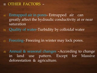  OTHER FACTORS –
a) Entrapped air in pores- Entrapped air can
greatly affect the hydraulic conductivity at or near
saturation
b) Quality of water-Turbidity by colloidal water
c) Freezing- Freezing in winter may lock pores.
d) Annual & seasonal changes –According to change
in land use pattern. Except for Massive
deforestation & agriculture.
 