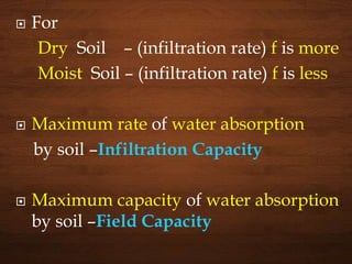  For
Dry Soil – (infiltration rate) f is more
Moist Soil – (infiltration rate) f is less
 Maximum rate of water absorption
by soil –Infiltration Capacity
 Maximum capacity of water absorption
by soil –Field Capacity
 