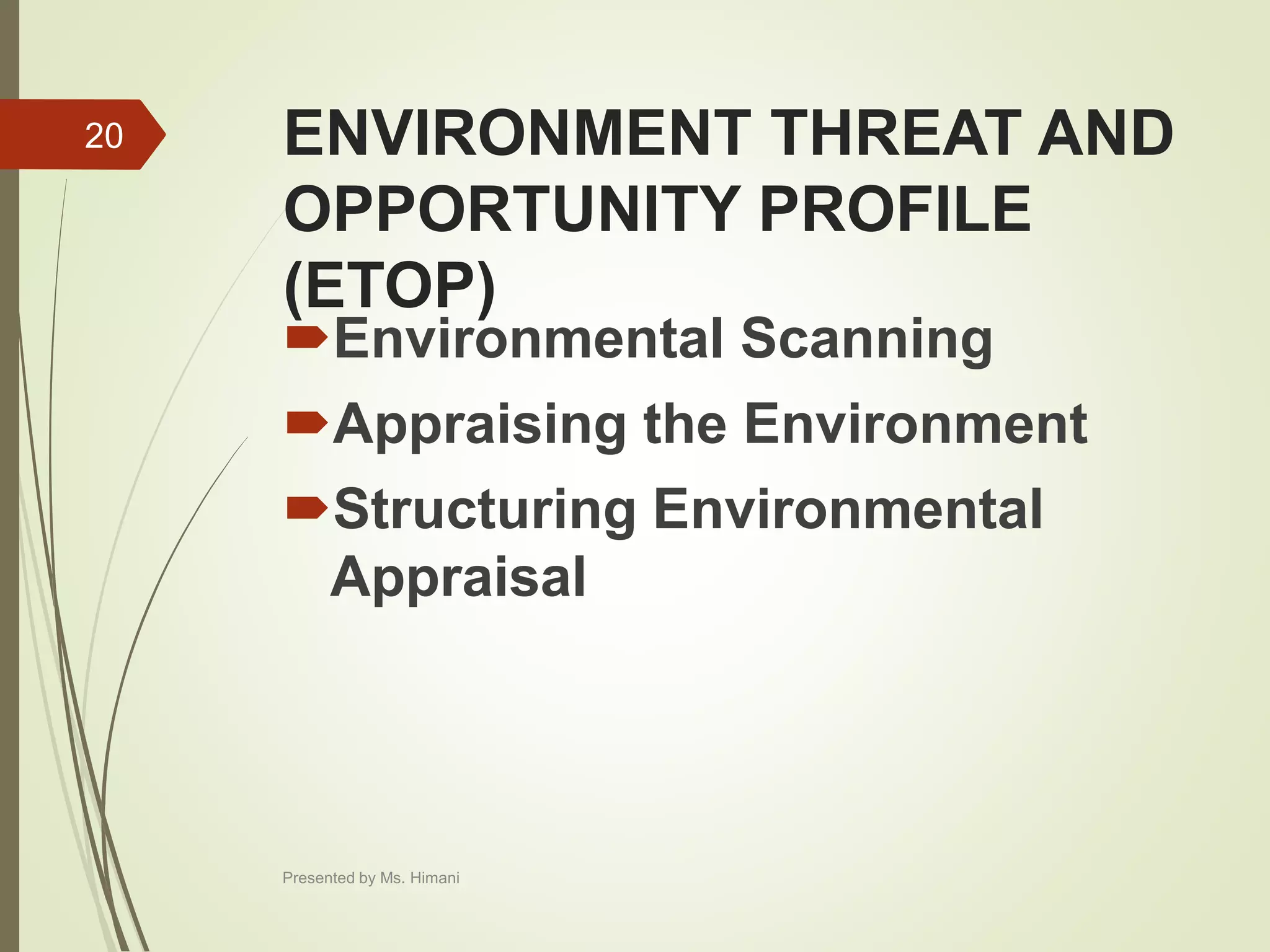 ENVIRONMENT THREAT AND
OPPORTUNITY PROFILE
(ETOP)
Environmental Scanning
Appraising the Environment
Structuring Environmental
Appraisal
20
Presented by Ms. Himani
 