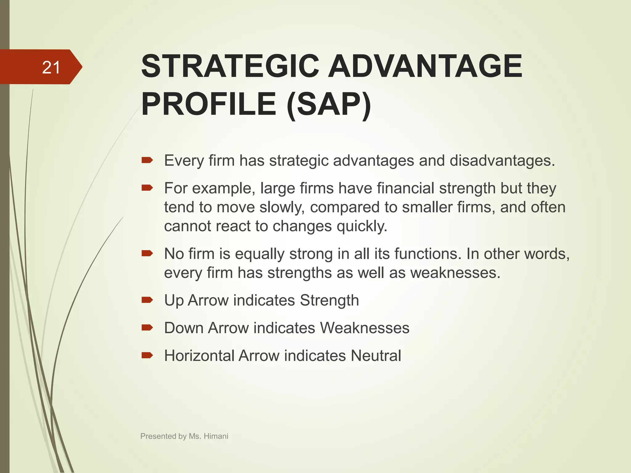 STRATEGIC ADVANTAGE
PROFILE (SAP)
 Every firm has strategic advantages and disadvantages.
 For example, large firms have financial strength but they
tend to move slowly, compared to smaller firms, and often
cannot react to changes quickly.
 No firm is equally strong in all its functions. In other words,
every firm has strengths as well as weaknesses.
 Up Arrow indicates Strength
 Down Arrow indicates Weaknesses
 Horizontal Arrow indicates Neutral
21
Presented by Ms. Himani
 