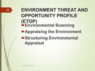 ENVIRONMENT THREAT AND
OPPORTUNITY PROFILE
(ETOP)
Environmental Scanning
Appraising the Environment
Structuring Environmental
Appraisal
20
Presented by Ms. Himani
 