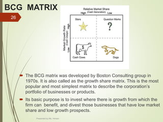 BCG MATRIX
 The BCG matrix was developed by Boston Consulting group in
1970s. It is also called as the growth share matrix. This is the most
popular and most simplest matrix to describe the corporation’s
portfolio of businesses or products.
 Its basic purpose is to invest where there is growth from which the
firm can benefit, and divest those businesses that have low market
share and low growth prospects.
26
Presented by Ms. Himani
 