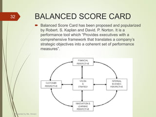 BALANCED SCORE CARD
 Balanced Score Card has been proposed and popularized
by Robert. S. Kaplan and David. P. Norton. It is a
performance tool which “Provides executives with a
comprehensive framework that translates a company’s
strategic objectives into a coherent set of performance
measures”.
32
Presented by Ms. Himani
 