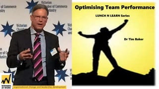 Optimising Team Performance
LUNCH N LEARN Series
Dr Tim Baker
 