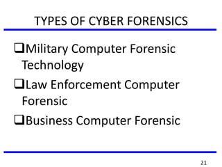 TYPES OF CYBER FORENSICS
Military Computer Forensic
Technology
Law Enforcement Computer
Forensic
Business Computer Forensic
21
 