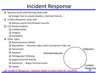 Incident Response
 Business Continuity Planning: deals with
 Outage: Due to natural disasters, electrical failures, …
 Incident Response: deals with
 Adverse events that threaten security.
 CIA related incidents
 Confidentiality
 Integrity
 Availability
 Other Types
 Reconnaissance Attacks
 Repudiation : - Someone takes action and denies it later on.
 Harassment
 Extortion
 Pornography Traficking
 Organized Crime Activity
 Subversion : - Bogus financial server
 Hoaxes
 Incident Response: Actions taken to deal with an incident.
Incident
Response
Countermeasures
Detection
26
 