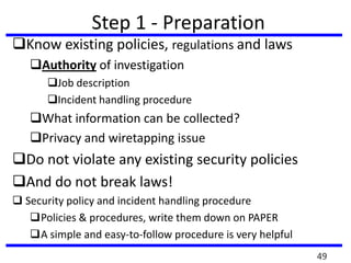 Step 1 - Preparation
Know existing policies, regulations and laws
Authority of investigation
Job description
Incident handling procedure
What information can be collected?
Privacy and wiretapping issue
Do not violate any existing security policies
And do not break laws!
 Security policy and incident handling procedure
Policies & procedures, write them down on PAPER
A simple and easy-to-follow procedure is very helpful
49
 