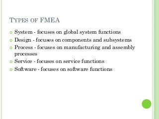 TYPES OF FMEA
System - focuses on global system functions
Design - focuses on components and subsystems
Process - focuses on manufacturing and assembly
processes
Service - focuses on service functions
Software - focuses on software functions
 
