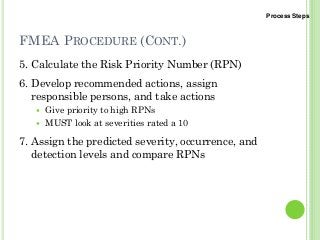 FMEA PROCEDURE (CONT.)
5. Calculate the Risk Priority Number (RPN)
6. Develop recommended actions, assign
responsible persons, and take actions
Give priority to high RPNs
MUST look at severities rated a 10
7. Assign the predicted severity, occurrence, and
detection levels and compare RPNs
Process Steps
 
