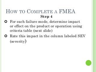 28
HOW TO COMPLETE A FMEA
Step 4
For each failure mode, determine impact
or effect on the product or operation using
criteria table (next slide)
Rate this impact in the column labeled SEV
(severity)
 