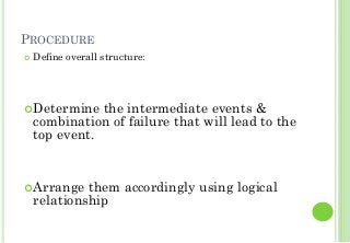 PROCEDURE
Define overall structure:
Determine the intermediate events &
combination of failure that will lead to the
top event.
Arrange them accordingly using logical
relationship
11
 