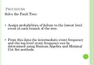 PROCEDURE
13
Solve the Fault Tree:
Assign probabilities of failure to the lowest level
event in each branch of the tree.
From this data the intermediate event frequency
and the top level event frequency can be
determined using Boolean Algebra and Minimal
Cut Set methods.
 