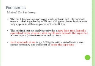 PROCEDURE
14
Minimal Cut Set theory:
The fault tree consists of many levels of basic and intermediate
events linked together by AND and OR gates. Some basic events
may appear in different places of the fault tree.
The minimal cut set analysis provides a new fault tree, logically
equivalent to the original, with an OR gate beneath the top event,
whose inputs (bottom)are minimal cut sets.
Each minimal cut set is an AND gate with a set of basic event
inputs necessary and sufficient to cause the top event.
 