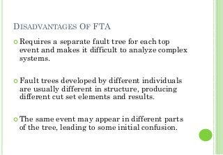 DISADVANTAGES OF FTA
Requires a separate fault tree for each top
event and makes it difficult to analyze complex
systems.
Fault trees developed by different individuals
are usually different in structure, producing
different cut set elements and results.
The same event may appear in different parts
of the tree, leading to some initial confusion.
22
 