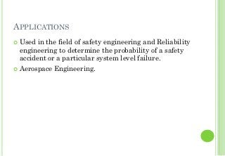 APPLICATIONS
Used in the field of safety engineering and Reliability
engineering to determine the probability of a safety
accident or a particular system level failure.
Aerospace Engineering.
23
 