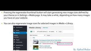  Pressing the regenerate thumbnail button will start generating new image sizes defined by
your theme or in Settings » Media page. It may take a while, depending on how many images
you have on your website.
 You can also regenerate image sizes for selected images in Media » Library.
You can also regenerate image sizes for selected images in Media » Library.
 