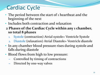 Cardiac Cycle
• The period between the start of 1 heartbeat and the
beginning of the next
• Includes both contraction and relaxation
2 Phases of the Cardiac Cycle within any 1 chamber,
so total 8 phases
1. Systole (contraction) Atrial systole+ Ventricle Systole
2. Diastole (relaxation) Atrial Diastole+ Ventricle diastole
• In any chamber blood pressure rises during systole and
falls during diastole
• Blood flows from high to low pressure:
– Controlled by timing of contractions
– Directed by one-way valves
18
 