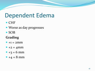 Dependent Edema
 CHF
 Worse as day progresses
 SOB
Grading
 +1 = 2mm
 +2 = 4mm
 +3 = 6 mm
 +4 = 8 mm
40
 
