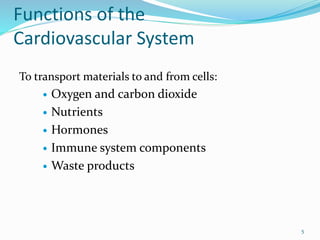Functions of the
Cardiovascular System
To transport materials to and from cells:
 Oxygen and carbon dioxide
 Nutrients
 Hormones
 Immune system components
 Waste products
5
 