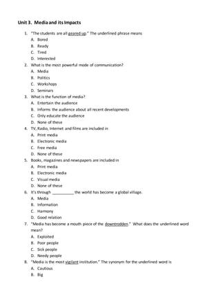 Media Component Questions Unit 3. media and its impacts mcqs By Musarrat Khan | DOCX