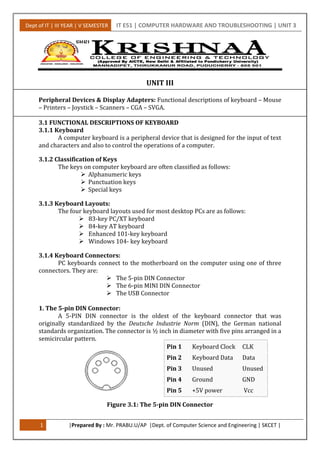 Dept of IT | III YEAR | V SEMESTER IT E51 | COMPUTER HARDWARE AND TROUBLESHOOTING | UNIT 3
1 |Prepared By : Mr. PRABU.U/AP |Dept. of Computer Science and Engineering | SKCET |
UNIT III
Peripheral Devices & Display Adapters: Functional descriptions of keyboard – Mouse
– Printers – Joystick – Scanners – CGA – SVGA.
3.1 FUNCTIONAL DESCRIPTIONS OF KEYBOARD
3.1.1 Keyboard
A computer keyboard is a peripheral device that is designed for the input of text
and characters and also to control the operations of a computer.
3.1.2 Classification of Keys
The keys on computer keyboard are often classified as follows:
 Alphanumeric keys
 Punctuation keys
 Special keys
3.1.3 Keyboard Layouts:
The four keyboard layouts used for most desktop PCs are as follows:
 83-key PC/XT keyboard
 84-key AT keyboard
 Enhanced 101-key keyboard
 Windows 104- key keyboard
3.1.4 Keyboard Connectors:
PC keyboards connect to the motherboard on the computer using one of three
connectors. They are:
 The 5-pin DIN Connector
 The 6-pin MINI DIN Connector
 The USB Connector
1. The 5-pin DIN Connector:
A 5-PIN DIN connector is the oldest of the keyboard connector that was
originally standardized by the Deutsche Industrie Norm (DIN), the German national
standards organization. The connector is ½ inch in diameter with five pins arranged in a
semicircular pattern.
Figure 3.1: The 5-pin DIN Connector
Pin 1 Keyboard Clock CLK
Pin 2 Keyboard Data Data
Pin 3 Unused Unused
Pin 4 Ground GND
Pin 5 +5V power Vcc
 