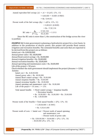 Dept of CSE | IV YEAR | VIII SEM HS T81 | ENGINEERING ECONOMICS AND MANAGEMENT | UNIT 3
18 |Prepared By : Mr. PRABU.U/AP |Dept. of Computer Science and Engineering | SKCET |
Since the BC ratio is more than 1, the construction of the bridge across the river
is justified.
EXAMPLE 3.2 A state government is planning a hydroelectric project for a river basin. In
addition to the production of electric power, this project will provide flood control,
irrigation and recreation benefits. The estimated benefits and costs that are expected to
be derived from this project are as follows:
Initial cost = Rs. 8,00,00,000
Annual power sales = Rs. 60,00,000
Annual flood control savings = Rs. 30,00,000
Annual irrigation benefits = Rs. 50,00,000
Annual recreation benefits = Rs. 20,00,000
Annual operating and maintenance costs = Rs. 30,00,000
Life of the project = 50 years
Check whether the state government should implement the project (Assume i = 12%)
 
