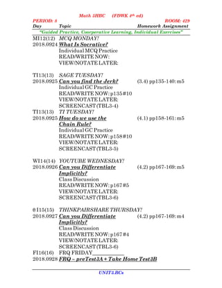 Math 5HBC (FDWK 4th ed)
PERIOD: 8 ROOM: 429
Day Topic Homework Assignment
UNIT3.BCs
“Guided Practice, Coorperative Learning, Individual Exercises”
MI12(12) MCQ MONDAY!
2018.0924 What Is Socrative?
Individual MCQ Practice
READ/WRITE NOW:
VIEW/NOTATE LATER:
TI13(13) SAGE TUESDAY!
2018.0925 Can you find the Jerk? (3.4) pp135-140:m5
Individual GC Practice
READ/WRITE NOW:p135 #10
VIEW/NOTATE LATER:
SCREENCAST(TBL3-4)
TI13(13) TI TUESDAY!
2018.0925 How do we use the (4.1) pp158-161:m5
Chain Rule?
Individual GC Practice
READ/WRITE NOW:p158 #10
VIEW/NOTATE LATER:
SCREENCAST(TBL3-5)
WI14(14) YOUTUBE WEDNESDAY!
2018.0926 Can you Differentiate (4.2) pp167-169:m5
Implicitly?
Class Discussion
READ/WRITE NOW:p167 #5
VIEW/NOTATE LATER:
SCREENCAST(TBL3-6)
θ I15(15) THINKPAIRSHARE THURSDAY!
2018.0927 Can you Differentiate (4.2) pp167-169:m4
Implicitly?
Class Discussion
READ/WRITE NOW:p167 #4
VIEW/NOTATE LATER:
SCREENCAST(TBL3-6)
FI16(16) FRQ FRIDAY
2018.0928 FRQ – preTest3A + Take Home Test3B
 