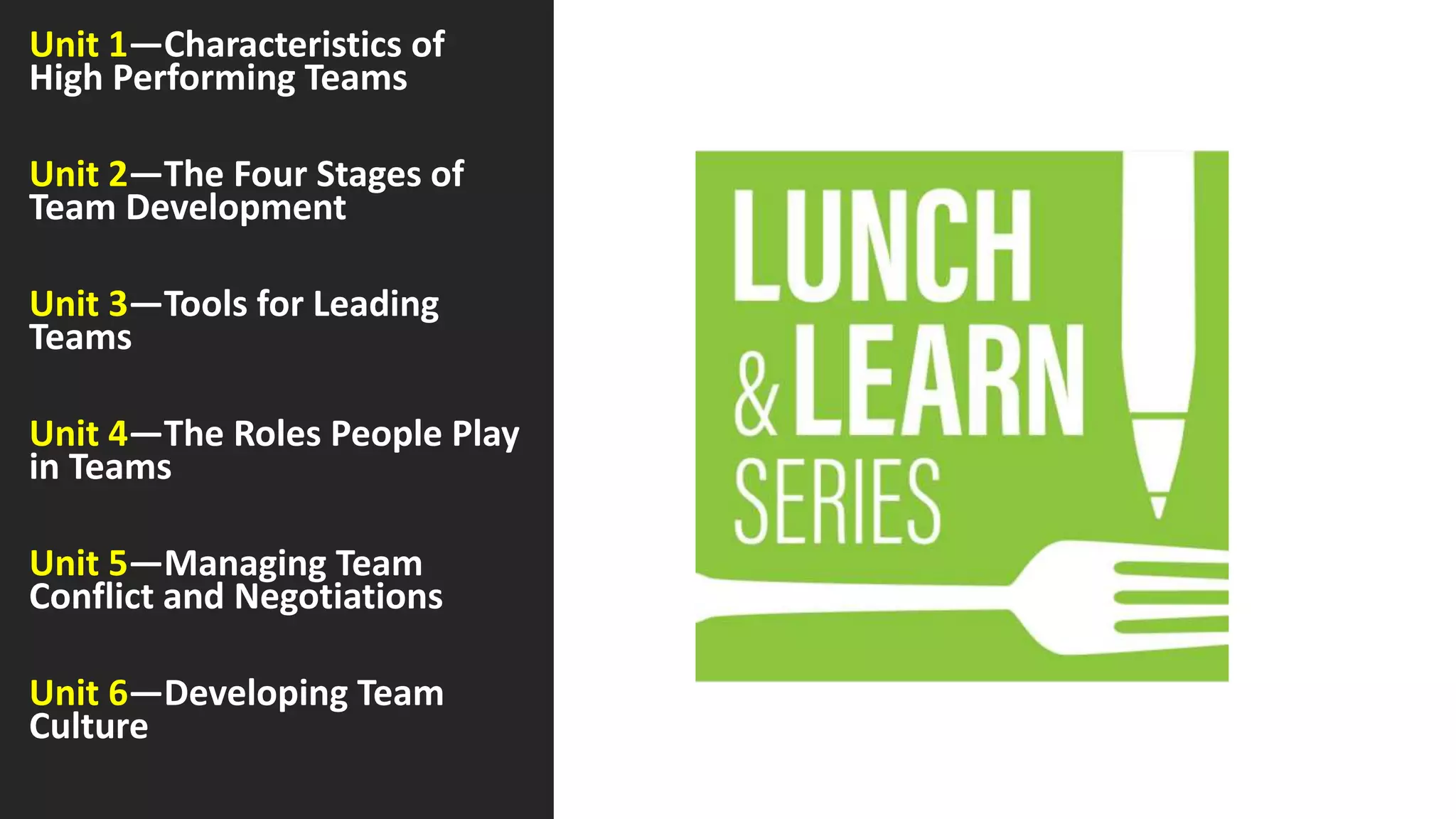 Unit 1—Characteristics of
High Performing Teams
Unit 2—The Four Stages of
Team Development
Unit 3—Tools for Leading
Teams
Unit 4—The Roles People Play
in Teams
Unit 5—Managing Team
Conflict and Negotiations
Unit 6—Developing Team
Culture
 